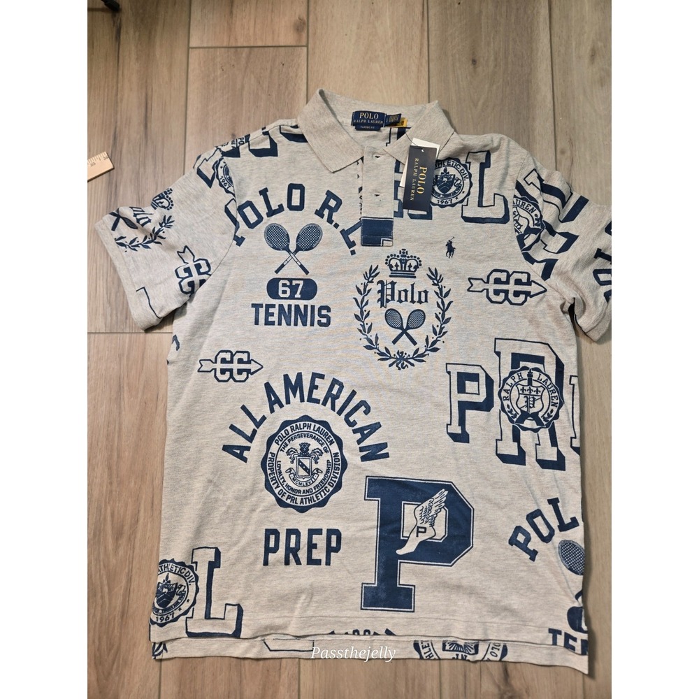 NWT Polo Ralph Lauren Shirt Mens Large Tennis Club Graphic P Wing All Over Print
